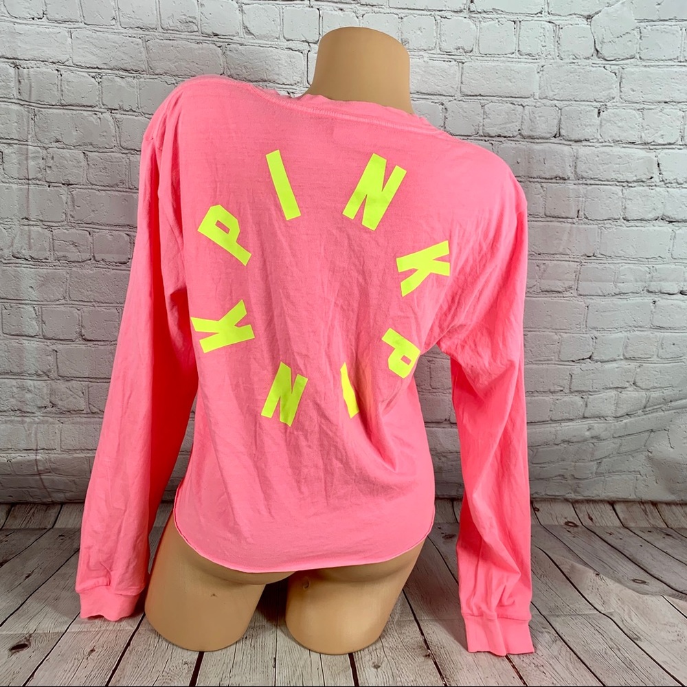 VS PINK Neon Logo Print Long Sleeve Crop Top Pink - Picture 5 of 7
